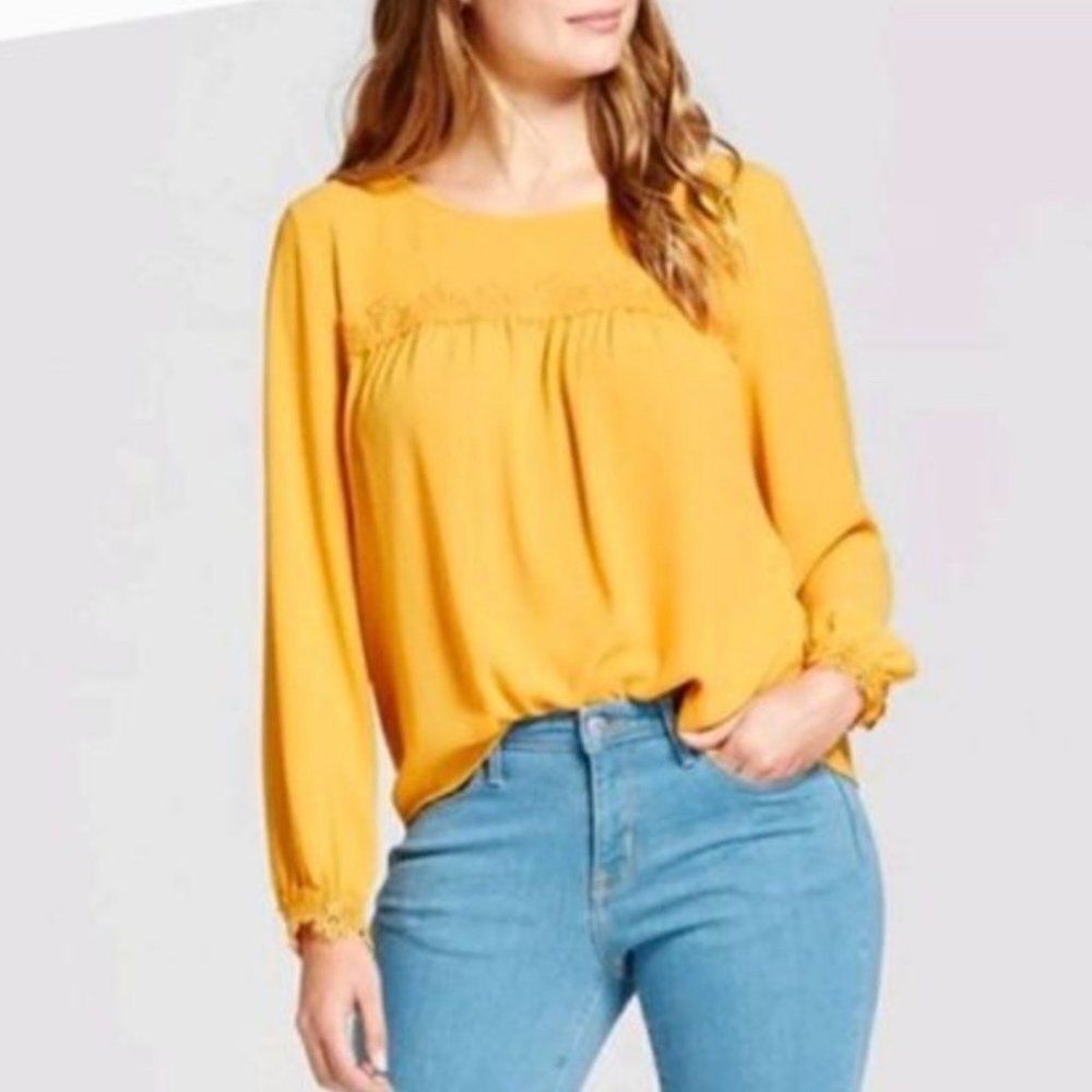 A New Day Yellow Golden Lace Long Sleeve Top Size S